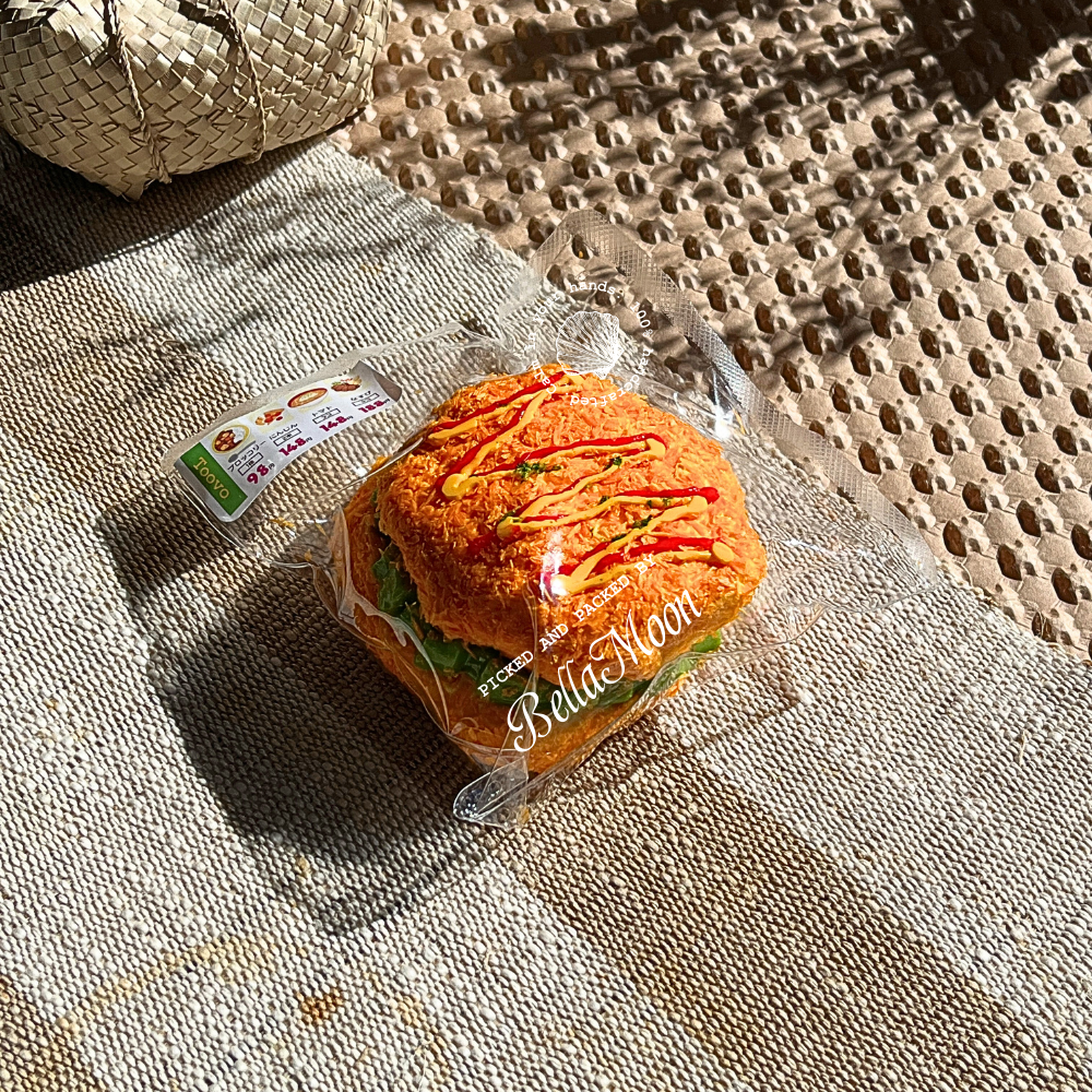 Golden brown crispy chicken burger TABA squishy with whipped cream texture, handmade slow rising stress relief squishy Sydney Australia