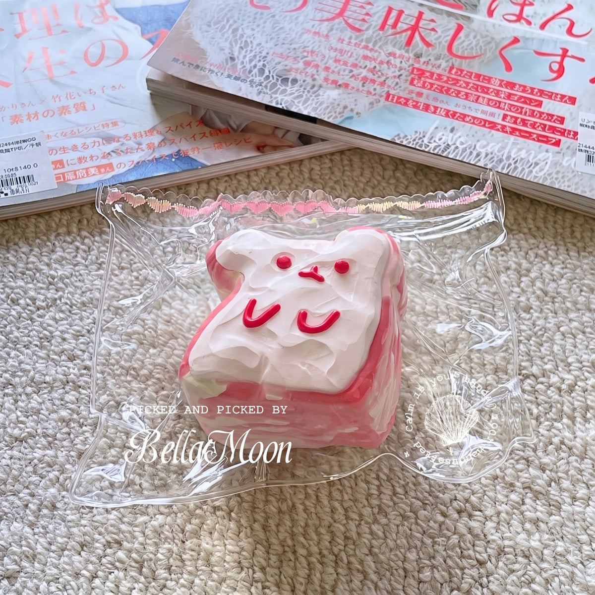 Strawberry jam mouse toast TABA squishy with buttercream texture and toasted bread shape, handmade extra slow rising stress relief squishy Australia Sydney
