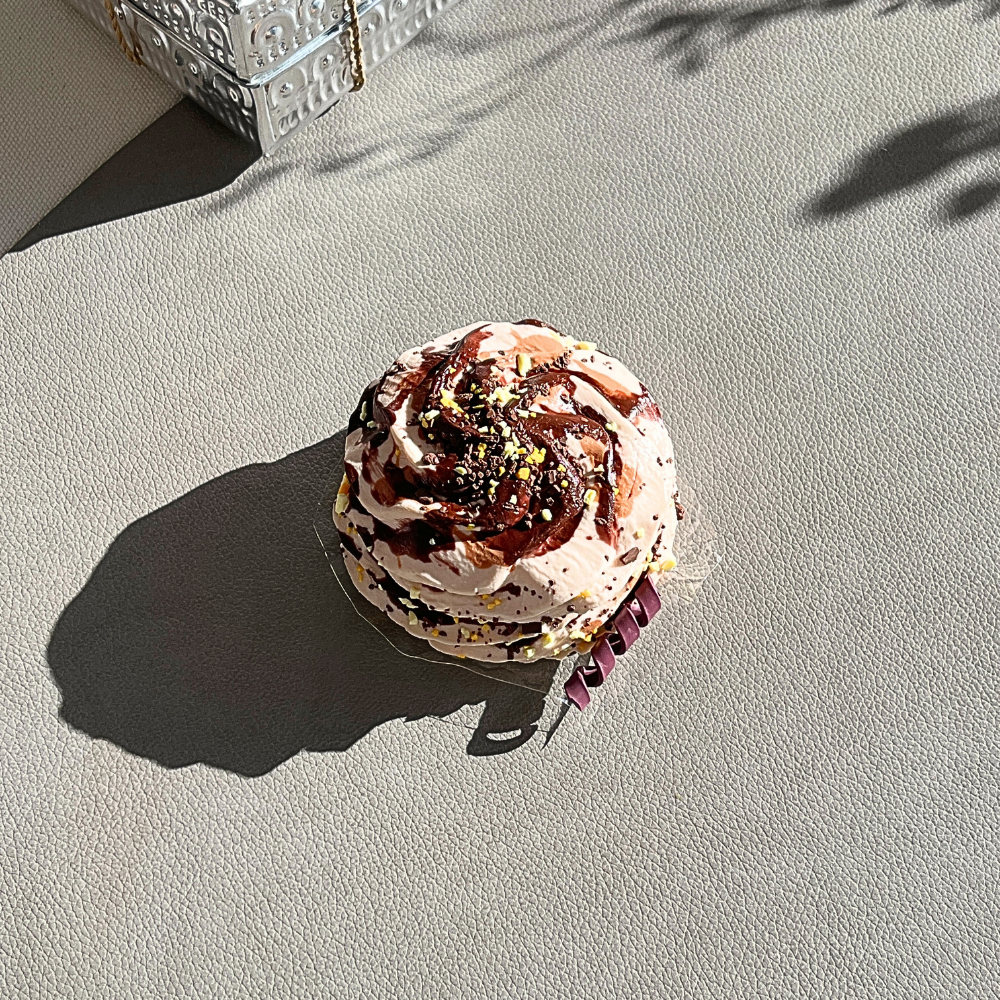 Brown pistachio chocolate diplomat cream squishy with doughy texture for dessert lovers and stress relief