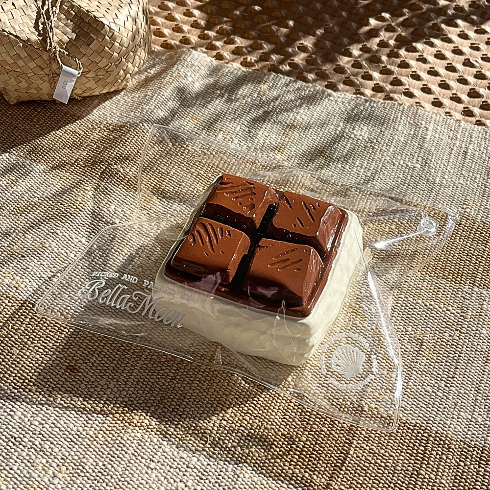 Chocolate mousse cake bar squishy with Greek yogurt foam texture and extra-slow rise for indulgent dessert stress relief