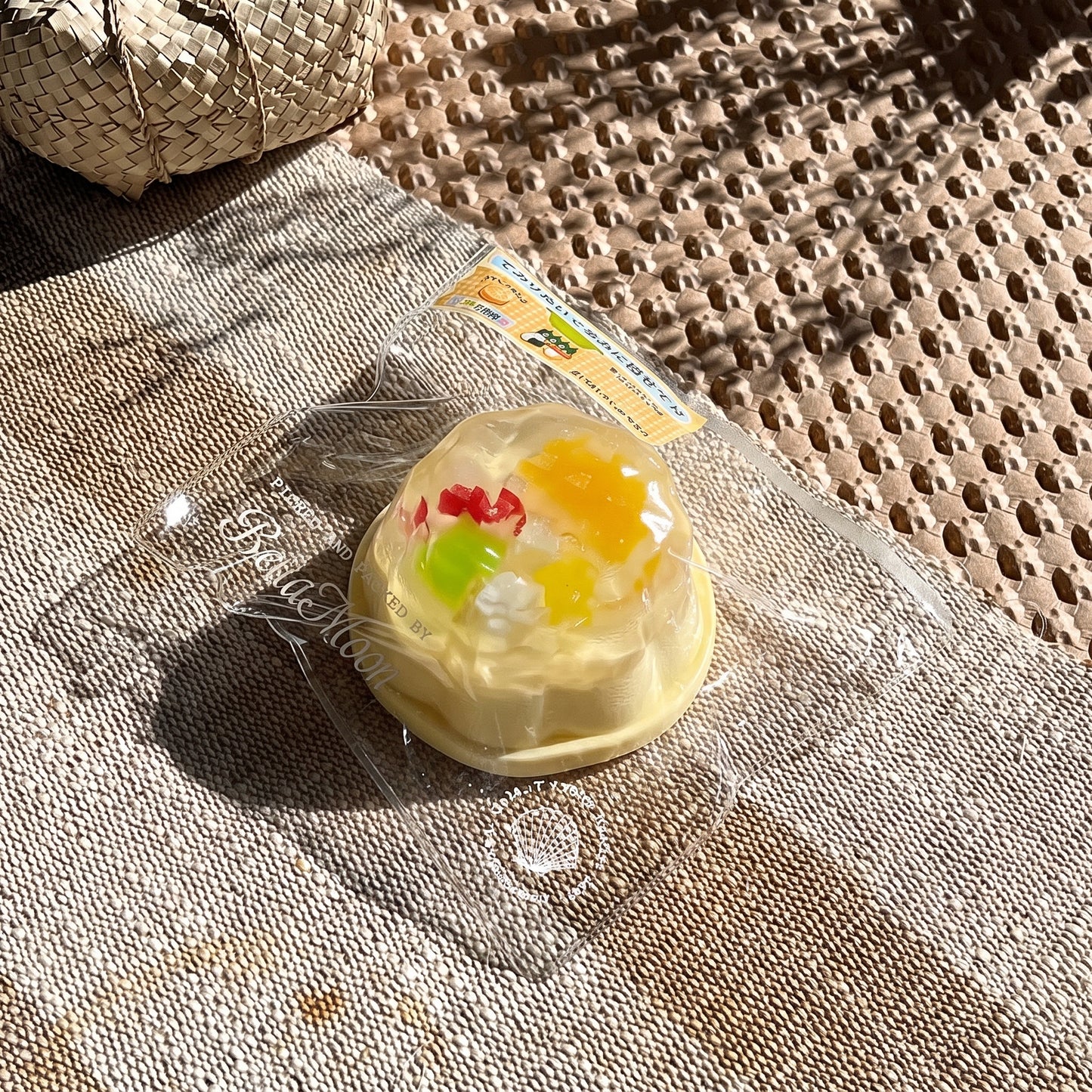 Domed milk jelly pudding TABA squishy with assorted fruit cubes, handmade slow rising stress relief squishy Australia Sydney