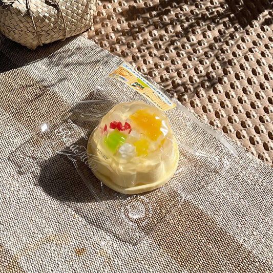 Domed milk jelly pudding TABA squishy with assorted fruit cubes, handmade slow rising stress relief squishy Australia Sydney