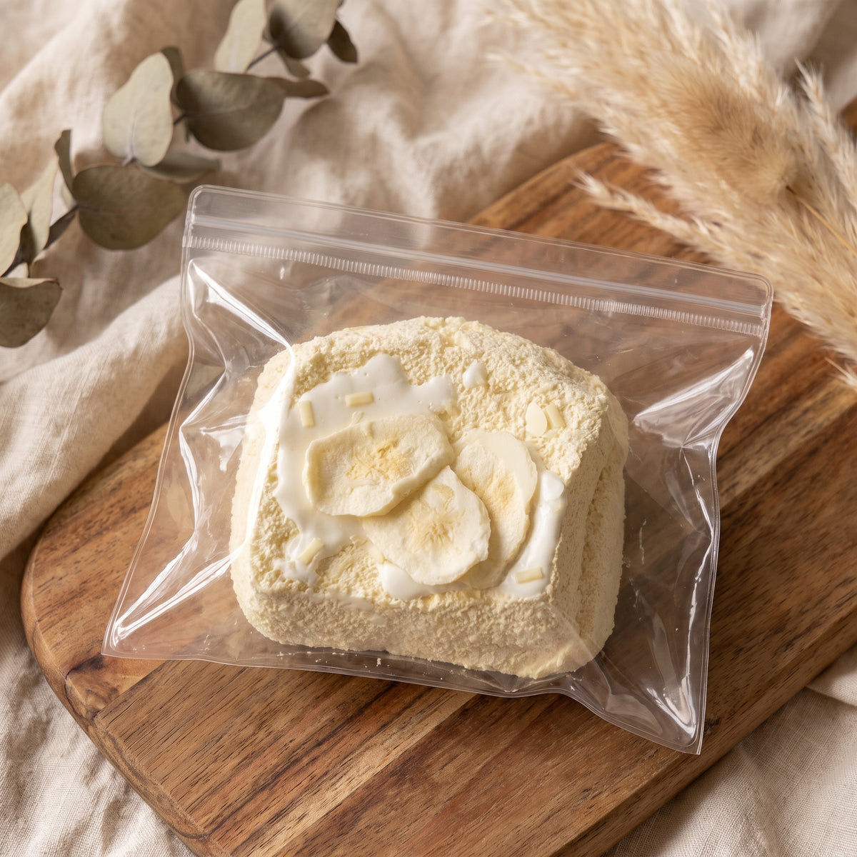 Banana rich milk toast TABA squishy with whipped cream texture and golden toasted finish, handmade slow rising stress relief squishy Australia Sydney