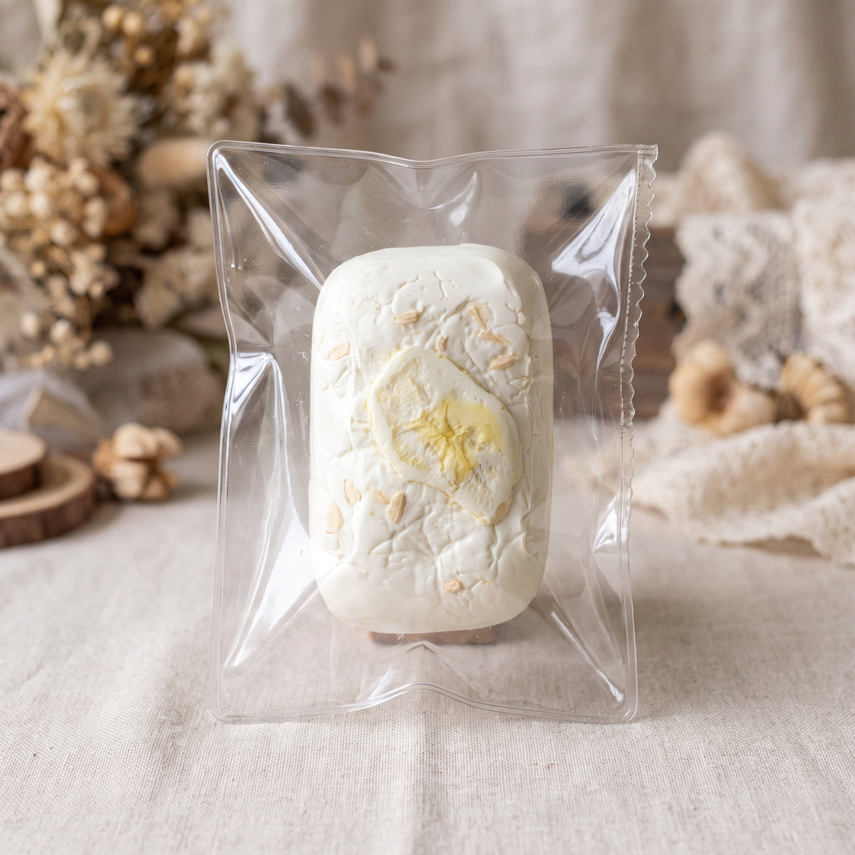 Banana yoghurt bites TABA squishy with buttercream texture and cluster snack design, handmade slow rising stress relief squishy Australia Sydney