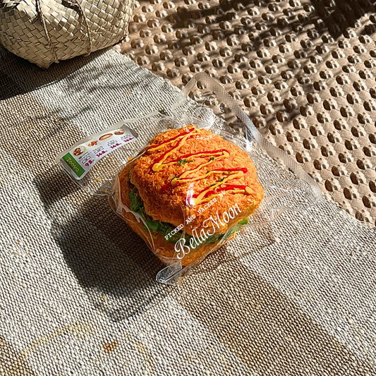 Golden brown crispy chicken burger TABA squishy with whipped cream texture, handmade slow rising stress relief squishy Sydney Australia