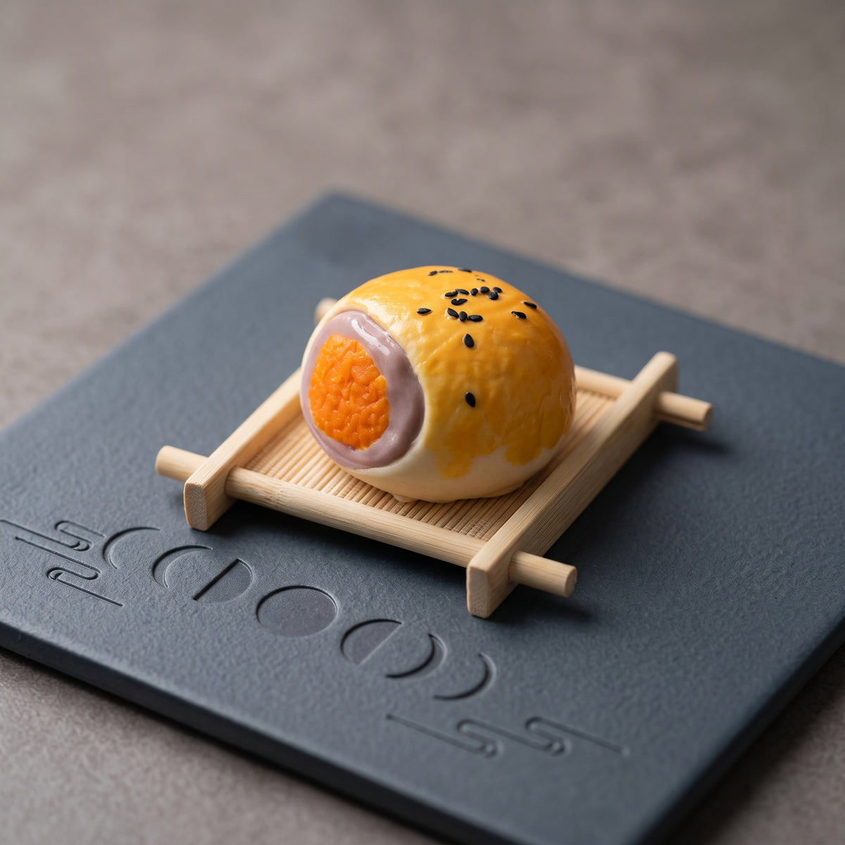 Egg yolk lava mooncake TABA squishy with molten golden centre and Greek yoghurt texture, handmade slow rising stress relief squishy Australia Sydney