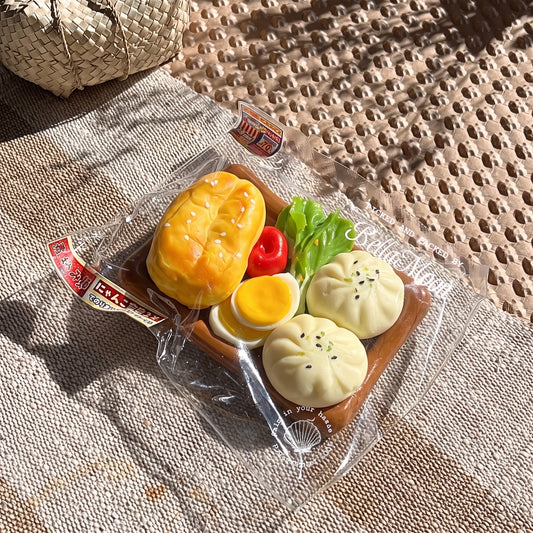 Bento tray TABA squishy with fried dough stick, pan-fried buns, boiled egg and cherry tomato, handmade slow rising stress relief squishy Australia Sydney
