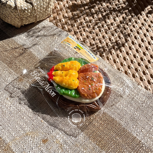 Golden fried prawn and pork chop rice plate TABA squishy with sesame glaze topping, handmade slow rising stress relief squishy Australia Sydney