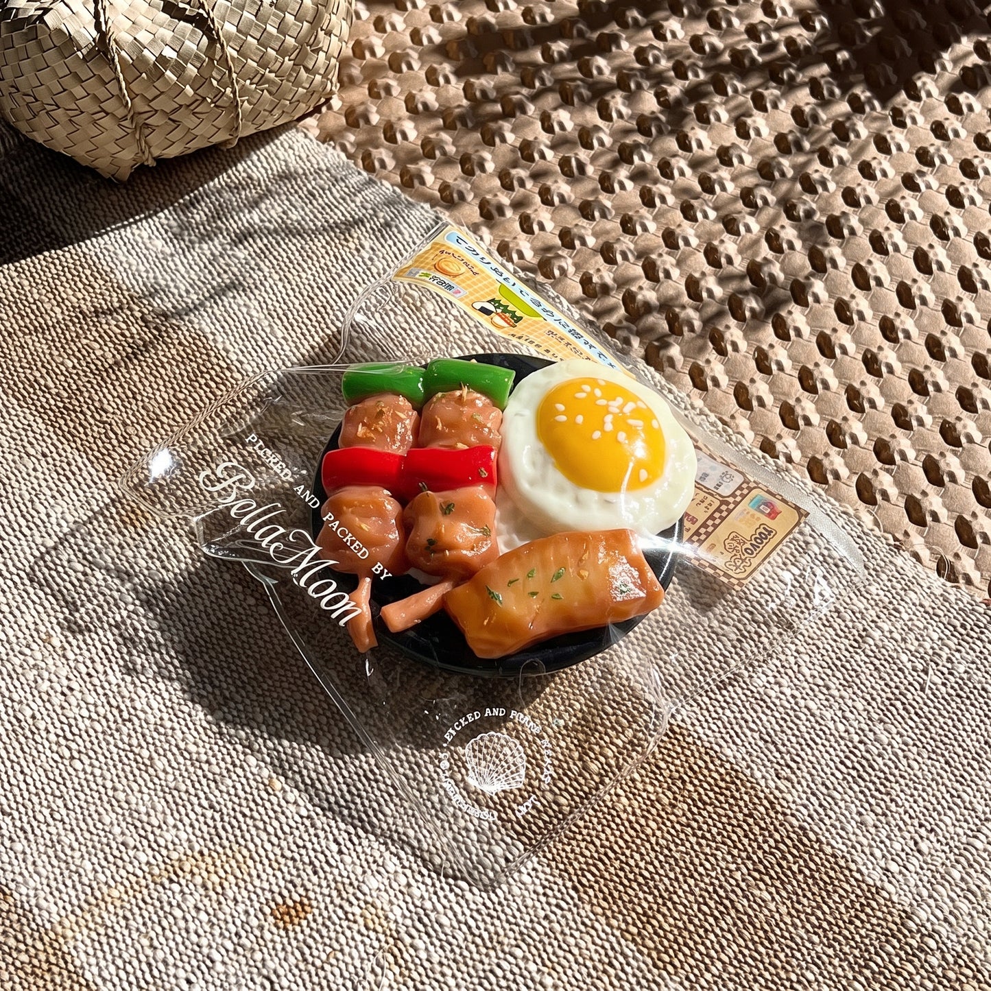 Golden brown grilled skewer fried egg rice bowl TABA squishy with soy glaze topping, handmade slow rising stress relief squishy Australia Sydney