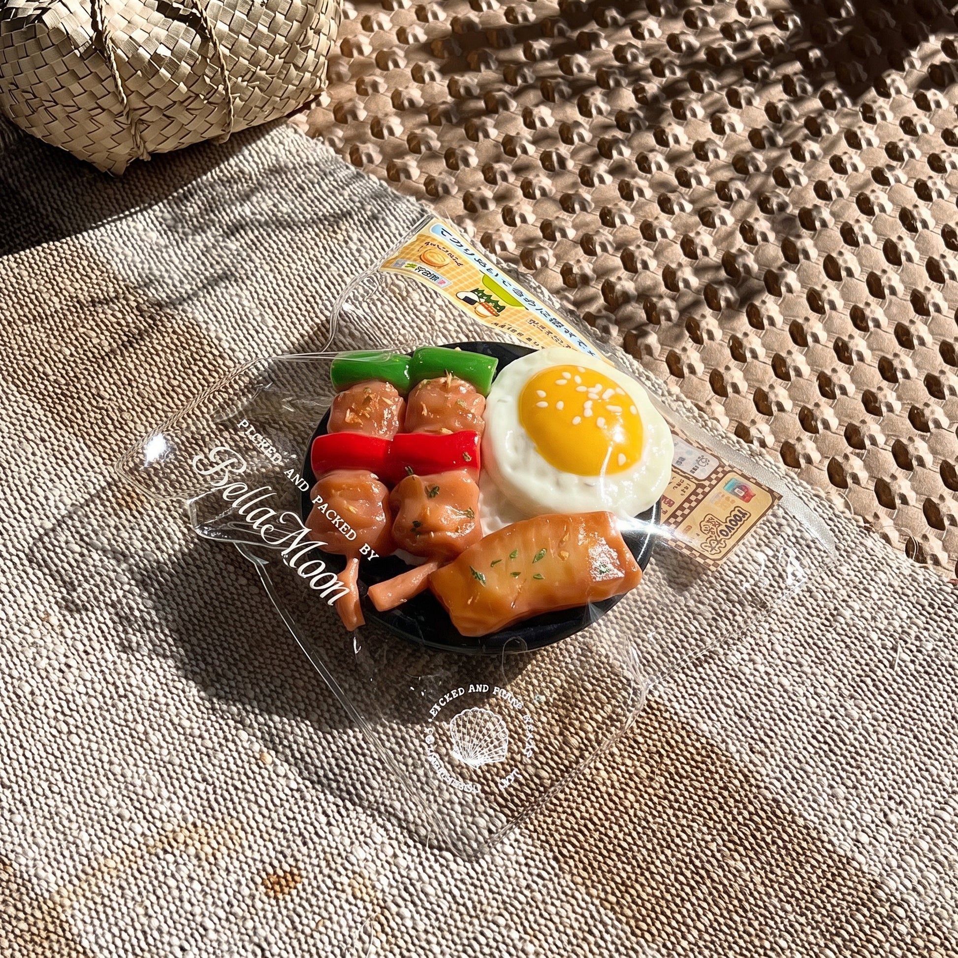 Golden brown grilled skewer fried egg rice bowl TABA squishy with soy glaze topping, handmade slow rising stress relief squishy Australia Sydney