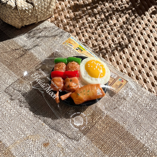 Golden brown grilled skewer fried egg rice bowl TABA squishy with soy glaze topping, handmade slow rising stress relief squishy Australia Sydney