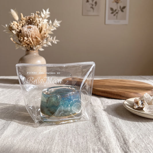 Indigo ink harmony cup TABA squishy with gel texture and deep blue ink swirling through clear jelly, handmade slow rising stress relief squishy Australia Sydney