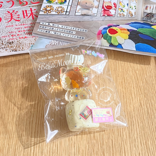 Kitty-themed water dispenser TABA squishy with gel texture and floating fruit pieces, handmade slow rising stress relief squishy Australia Sydney