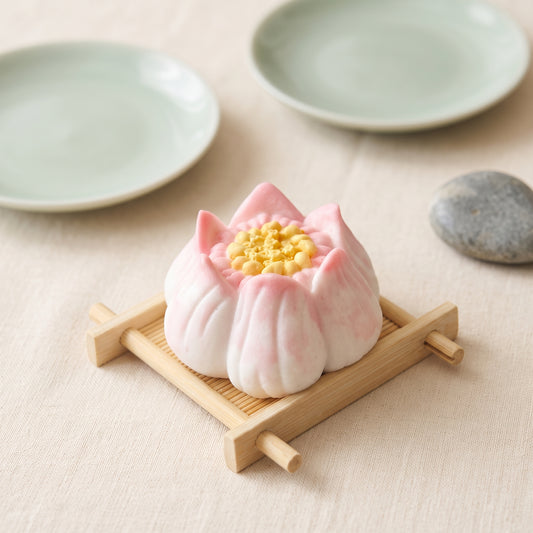 Lotus mooncake TABA squishy with stamped floral pattern and Greek yoghurt texture, handmade slow rising stress relief squishy Australia Sydney
