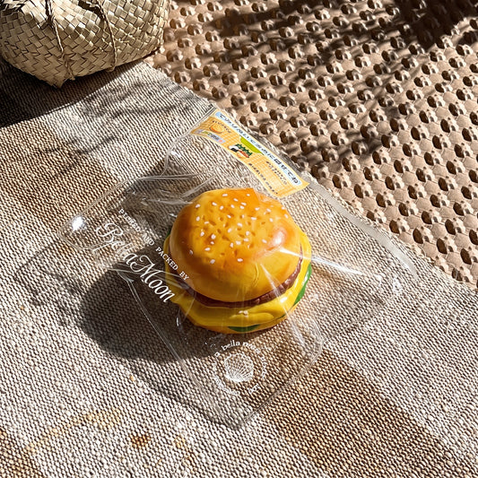 Stacked cheese burger TABA squishy with melted cheddar and toasted bun, handmade slow rising stress relief squishy Australia Sydney