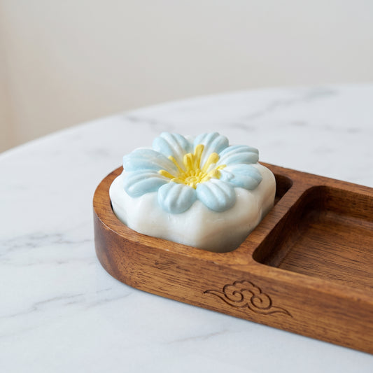 Narcissus blossom mooncake TABA squishy with stamped floral pattern and Greek yoghurt texture, handmade slow rising stress relief squishy Australia Sydney
