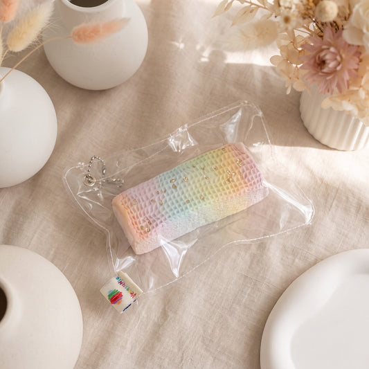 Rainbow wafer biscuit TABA squishy with cream texture and layered pastel stripes, handmade slow rising stress relief squishy Australia Sydney