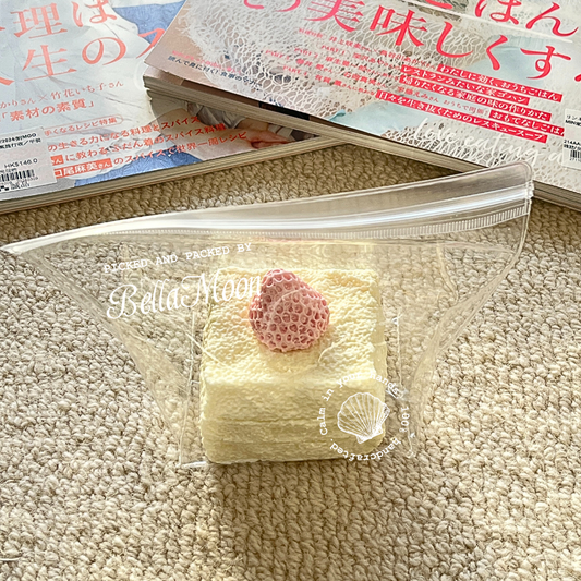 Strawberry chiffon delight TABA squishy with cream texture and strawberry cream topping on a light sponge cake, handmade slow rising stress relief squishy Australia Sydney