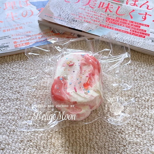 Strawberry ice cream TABA squishy with dry yoghurt texture and pink swirl, handmade extra slow rising stress relief squishy Australia Sydney