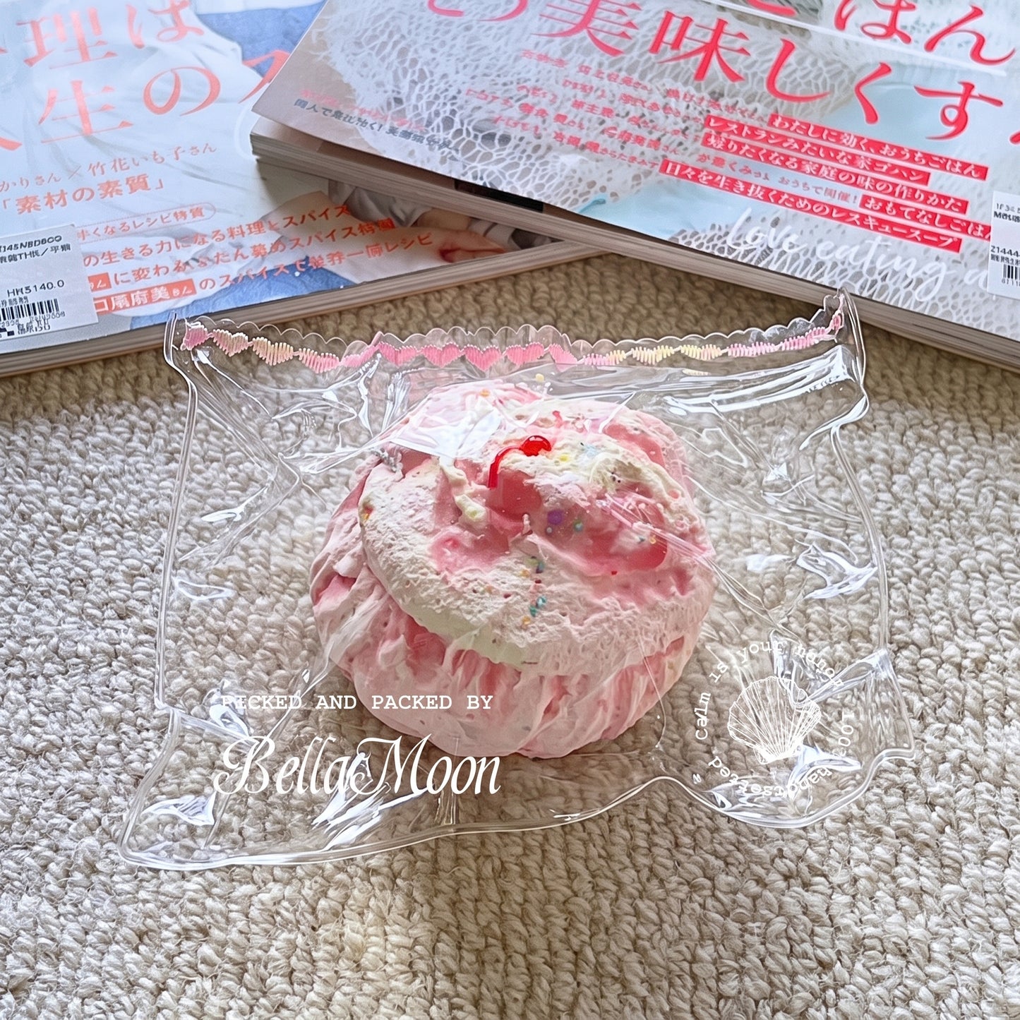 Strawberry jam cupcake TABA squishy with dry yoghurt texture and pink frosting swirl, handmade slow rising stress relief squishy Australia Sydney