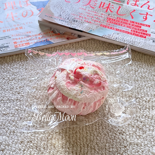 Strawberry jam cupcake TABA squishy with dry yoghurt texture and pink frosting swirl, handmade slow rising stress relief squishy Australia Sydney