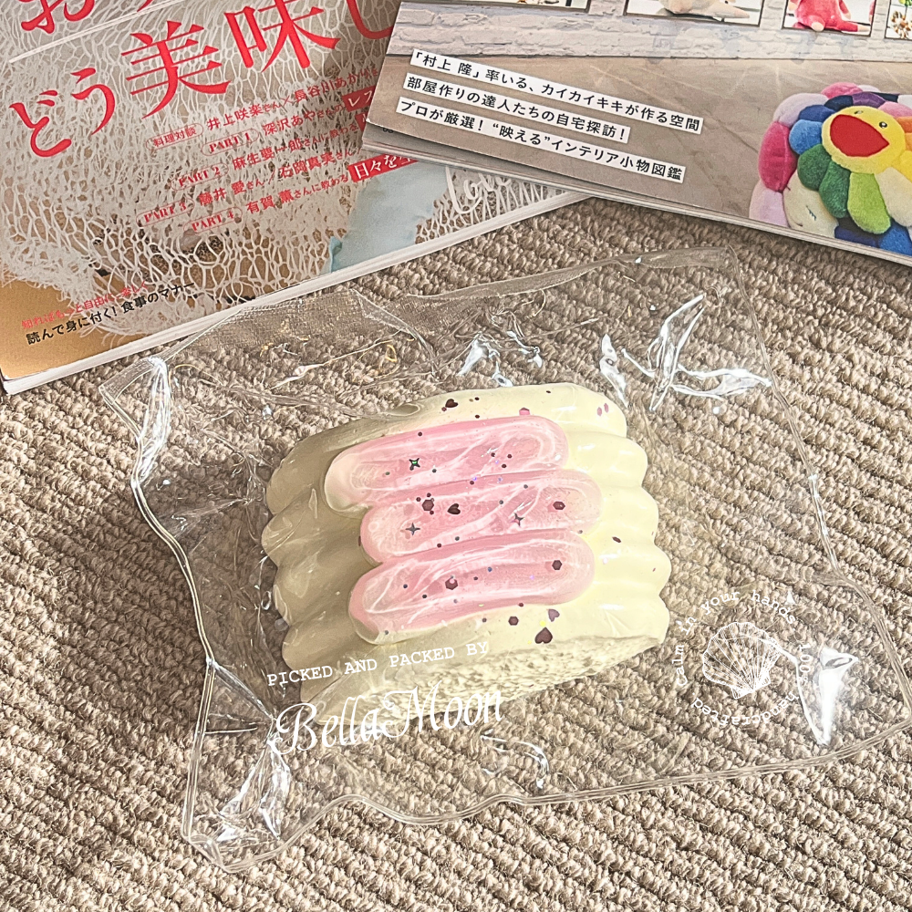 Strawberry jam milk bread TABA squishy with buttercream texture and glossy strawberry jam swirl, handmade slow rising stress relief squishy Australia Sydney