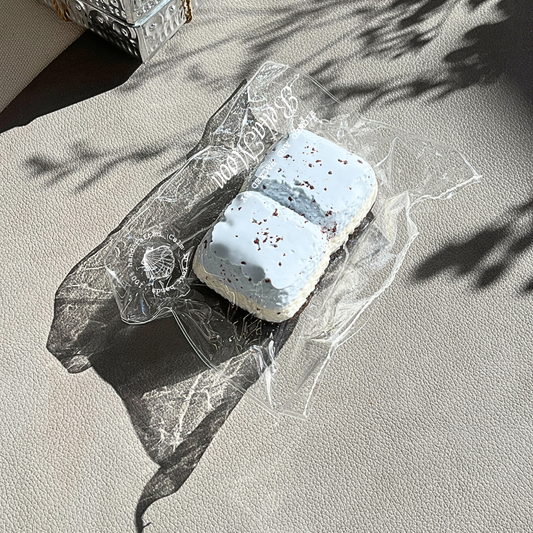Blue marshmallow block squishy with Greek yogurt cream texture and cookie-inspired ultra-slow rise for unique sensory delight