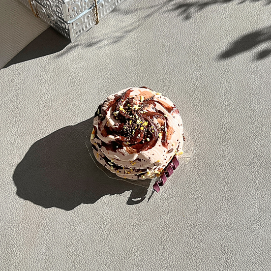 Brown pistachio chocolate diplomat cream squishy with doughy texture for dessert lovers and stress relief