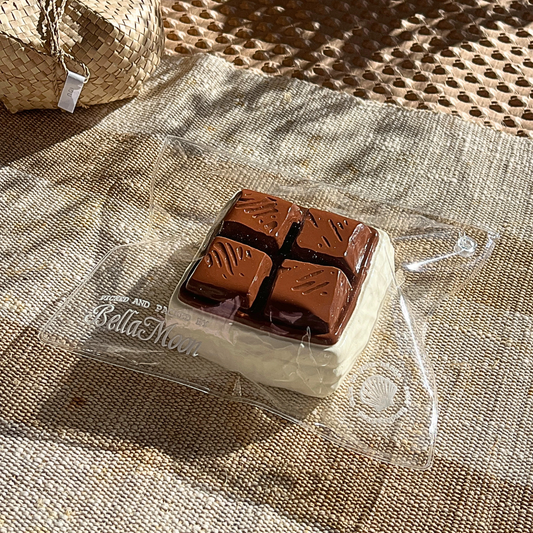 Chocolate mousse cake bar squishy with Greek yogurt foam texture and extra-slow rise for indulgent dessert stress relief