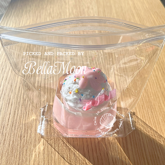 Strawberry Cream Cup squishy with pink gel texture, summer nostalgia ice-cream stress relief toy